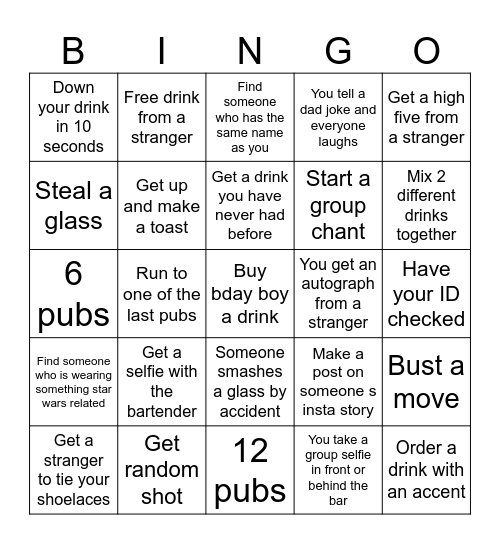 Matt's BDAY Pub Crawl Bingo Card