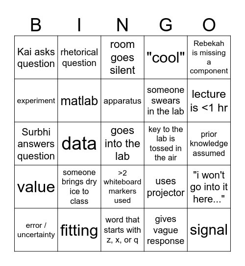 Senior Lab Bingo Card