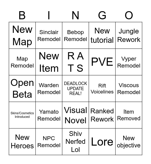 Deadlock Update Bingo Bongo Bingo Card