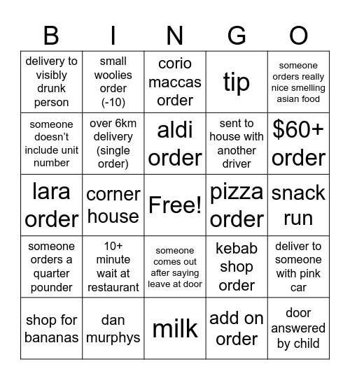 doordash Bingo Card