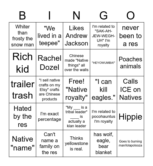 people pretending to be Native Bingo Card
