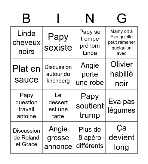 Soirée famille chez mamy Bingo Card