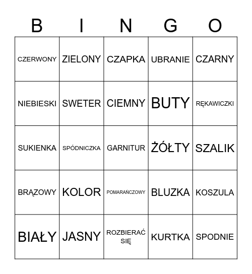 UBRANIA, KOLORY Bingo Card