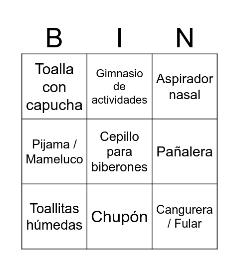 Baby Bingo Card