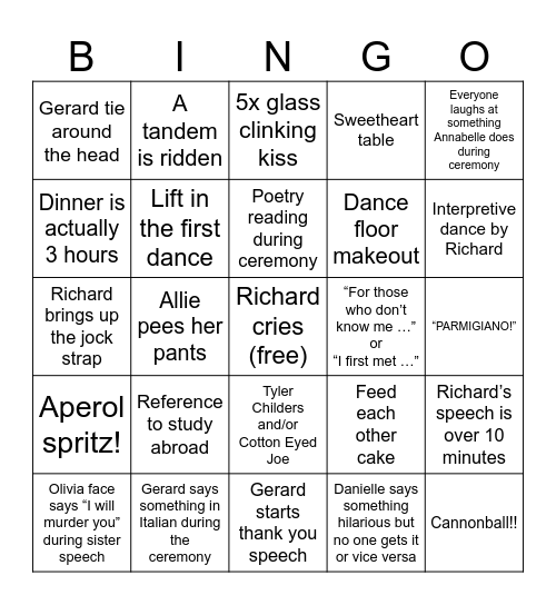 O/G get hitched Bingo Card