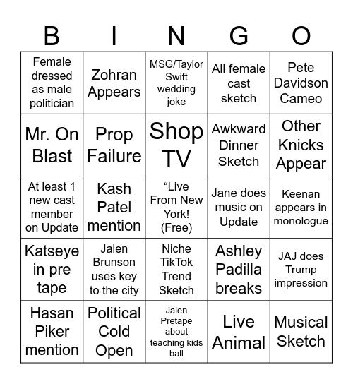 SNL S52 E1 Bingo Card