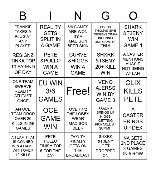 GLOBALS DAY 1 BINGO Card