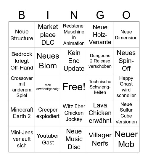 Minecraft Live Bingo Card