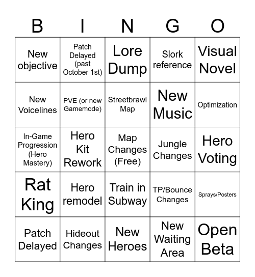 Deadlock Sept Major Update Bingo Card