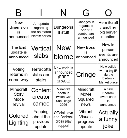 Minecraft Live 26.9.2026 Bingo Card