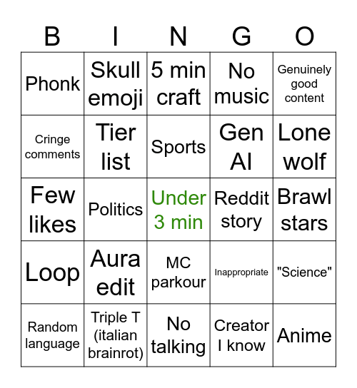 Yt shorts bs Bingo Card
