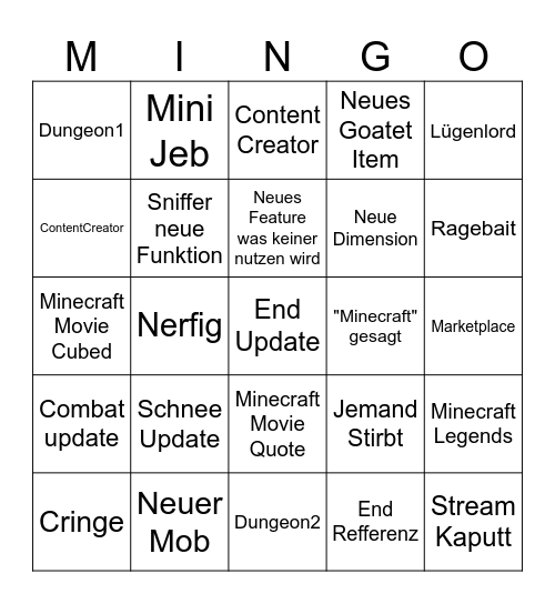 Minecraft Live Bingo Card