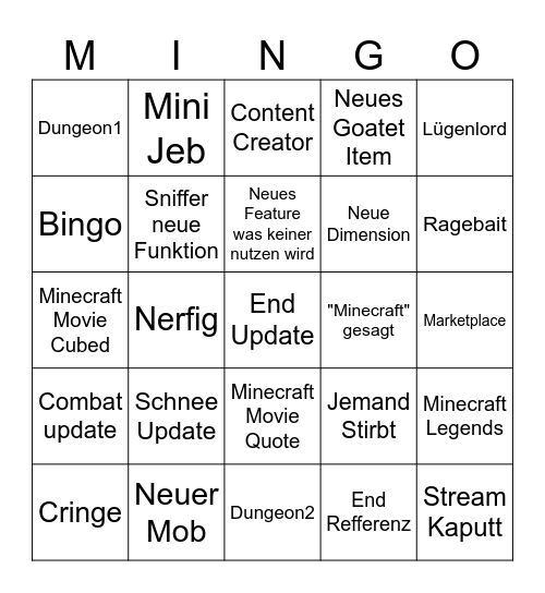 Minecraft Live Bingo Card