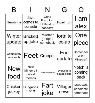 Minecraft live Bingo Card
