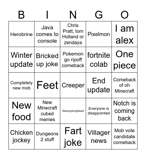Minecraft live Bingo Card