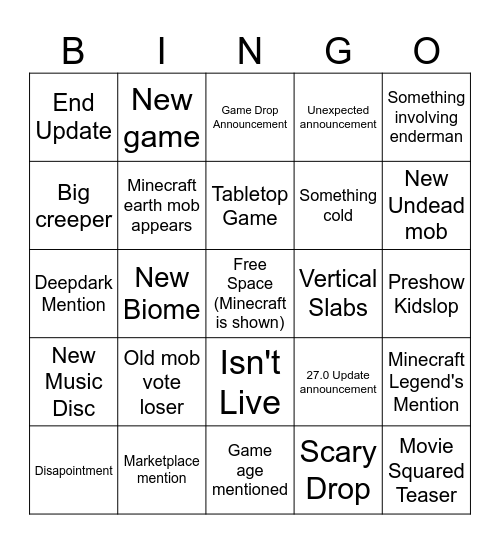 Minecraft Live September Bingo Card