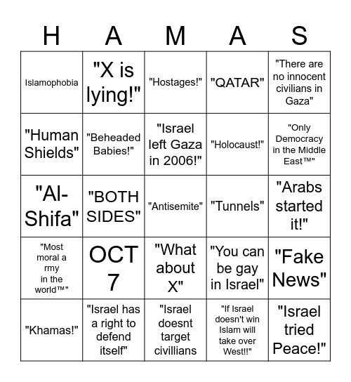 Zionist Bingo Card