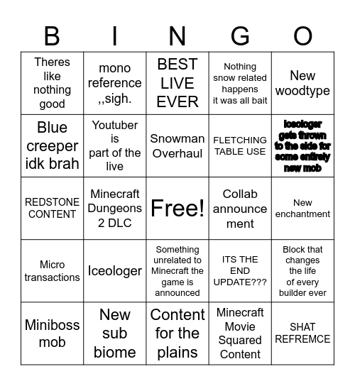 MINECRAFT LIVE NOW Bingo Card