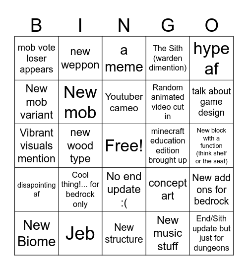 minecraft live Bingo Card