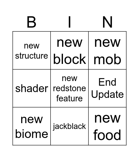 Minecraft Live Bingo Card