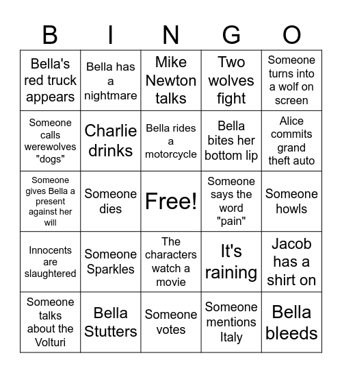 New Moon Bingo Card