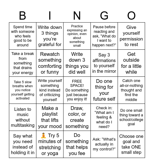 Self Exploration Bingo Card