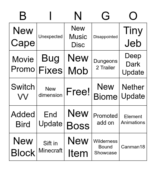 Minecraft Live 2026 Bingo Card