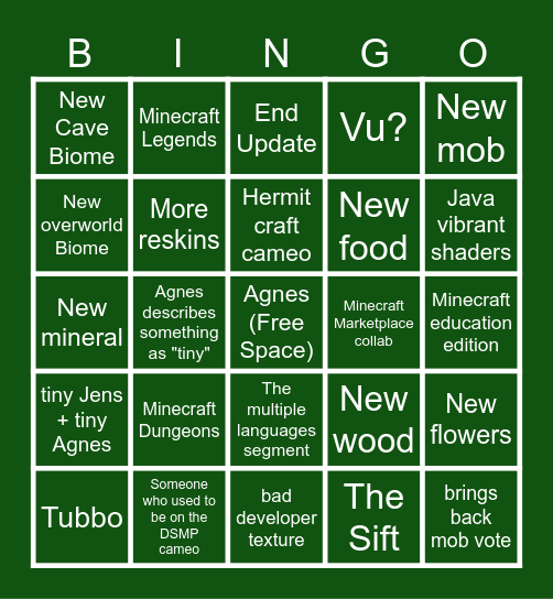 Minecraft Live bingo Card