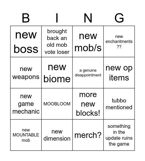 minecraft live Bingo Card