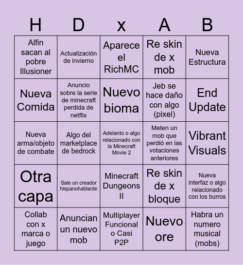 Minecraft Live - Bingo Card
