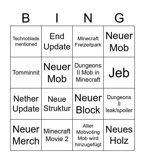 Minecraft Live Bingo 2026 Bingo Card