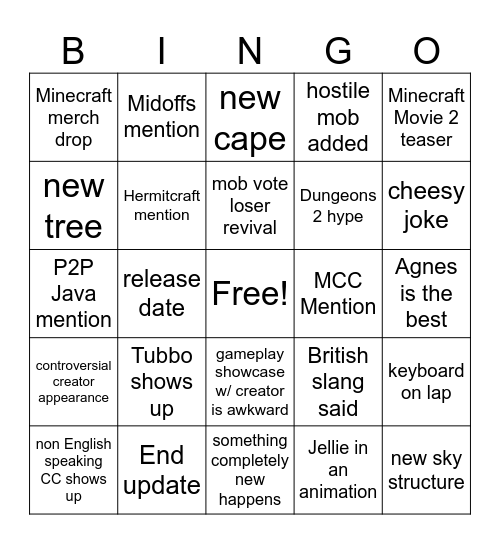 Minecraft Live Bingo Card