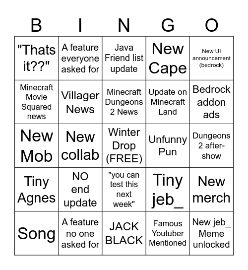 Minecraft Live Bingo Card