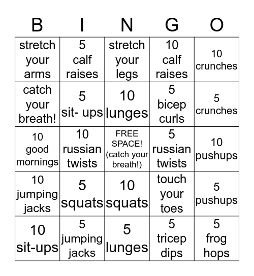 Fit-Go! Bingo Card