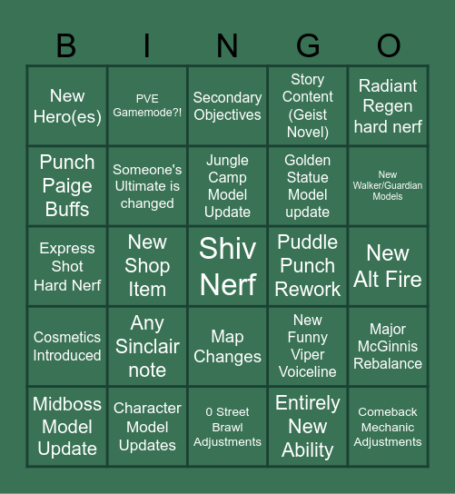 Deadlock Update BINGO Card