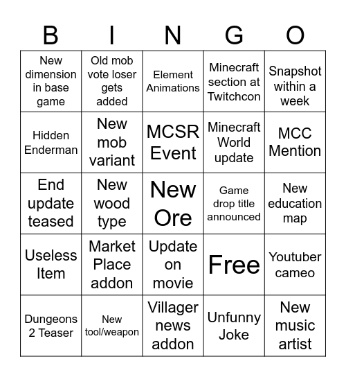 Minecraft Live Bingo Card
