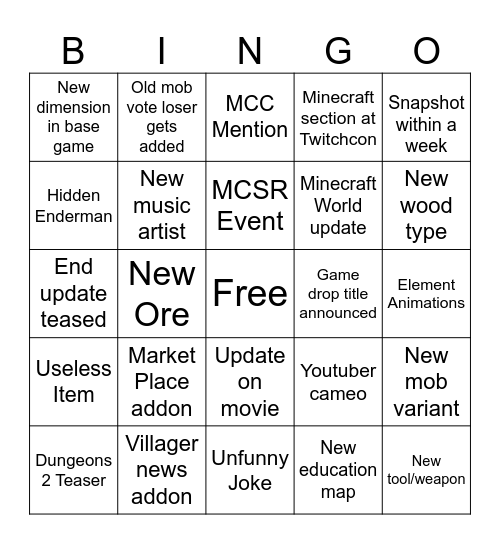 Minecraft Live Bingo Card