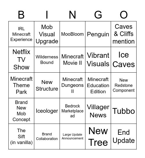 Minecraft LIVE Bingo Card