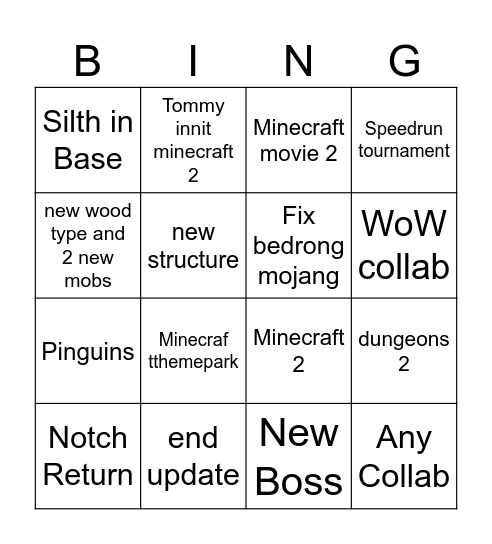 Minecraft live Bingo Card
