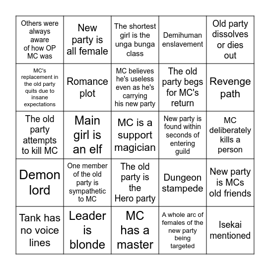 Kicked out of Party Anime Bingo Card