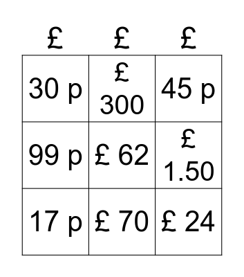 British money Bingo Card