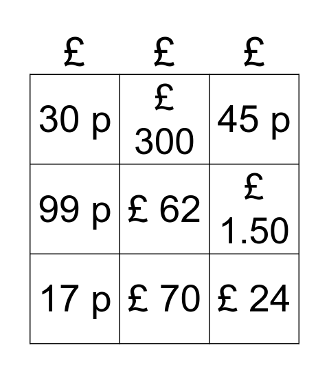 British money Bingo Card