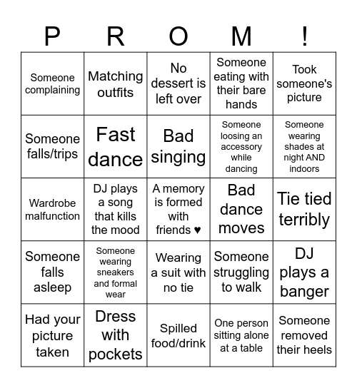 Prom Bingo Card