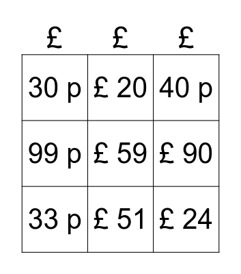 British money Bingo Card