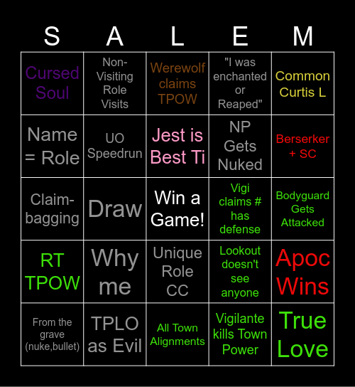 Town of Salem 2 (BTOS2) Bingo Card