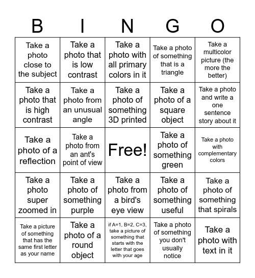 Photography Bingo Card
