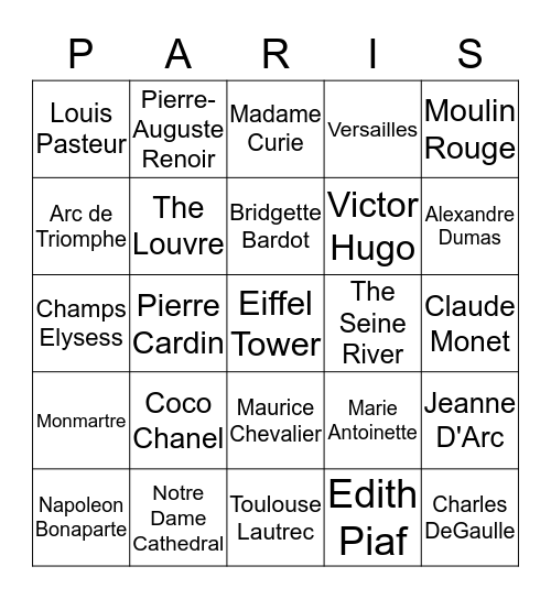 An Evening in Paris Bingo Card