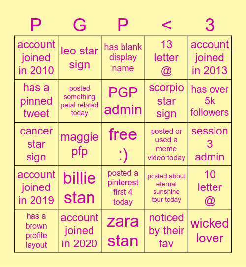 PGP Scavenger Hunt Bingo Card