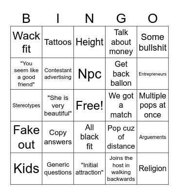 Pop the ballon Bingo Card