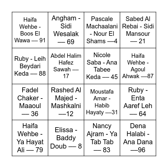 Melody Hits Night x Mizna by Salma Zahore Bingo Card